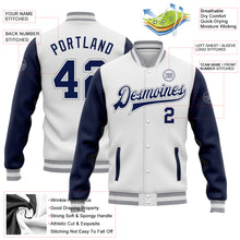 Load image into Gallery viewer, Custom White Navy-Gray Bomber Full-Snap Varsity Letterman Two Tone Jacket