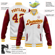 Load image into Gallery viewer, Custom White Crimson-Gold Bomber Full-Snap Varsity Letterman Two Tone Jacket