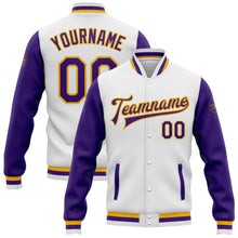 Load image into Gallery viewer, Custom White Purple-Gold Bomber Full-Snap Varsity Letterman Two Tone Jacket