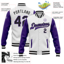 Load image into Gallery viewer, Custom White Black-Purple Bomber Full-Snap Varsity Letterman Two Tone Jacket