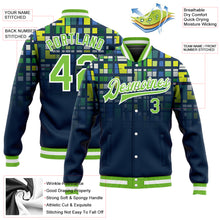 Load image into Gallery viewer, Custom Navy Neon Green-White 3D Pattern Design Bomber Full-Snap Varsity Letterman Jacket