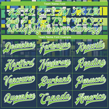 Load image into Gallery viewer, Custom Navy Neon Green-White 3D Pattern Design Bomber Full-Snap Varsity Letterman Jacket