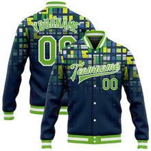 Load image into Gallery viewer, Custom Navy Neon Green-White 3D Pattern Design Bomber Full-Snap Varsity Letterman Jacket