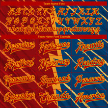 Load image into Gallery viewer, Custom Navy Red-Gold 3D Pattern Design Bomber Full-Snap Varsity Letterman Jacket