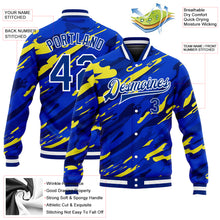 Load image into Gallery viewer, Custom Royal Royal Gold-Black 3D Pattern Design Bomber Full-Snap Varsity Letterman Jacket