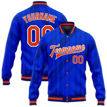 Load image into Gallery viewer, Custom Royal Orange-Navy 3D Pattern Design Bomber Full-Snap Varsity Letterman Jacket