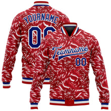 Load image into Gallery viewer, Custom Red Royal-White 3D Pattern Design Bomber Full-Snap Varsity Letterman Jacket