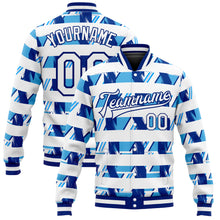 Load image into Gallery viewer, Custom Royal White-Light Blue 3D Pattern Design Bomber Full-Snap Varsity Letterman Jacket