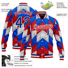 Load image into Gallery viewer, Custom Red Royal-White 3D Pattern Design Bomber Full-Snap Varsity Letterman Jacket
