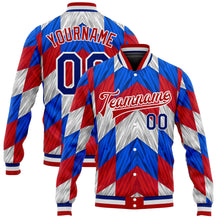 Load image into Gallery viewer, Custom Red Royal-White 3D Pattern Design Bomber Full-Snap Varsity Letterman Jacket