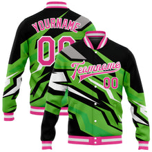 Load image into Gallery viewer, Custom Kelly Green Pink-Black 3D Pattern Design Bomber Full-Snap Varsity Letterman Jacket