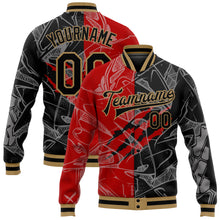 Load image into Gallery viewer, Custom Graffiti Pattern Black Red-Old Gold 3D Bomber Full-Snap Varsity Letterman Jacket