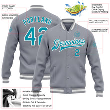 Load image into Gallery viewer, Custom Gray Teal-White Bomber Full-Snap Varsity Letterman Jacket