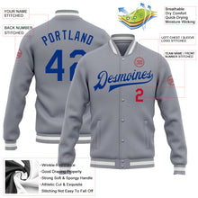 Load image into Gallery viewer, Custom Gray Royal-Red Bomber Full-Snap Varsity Letterman Jacket