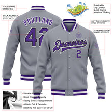 Load image into Gallery viewer, Custom Gray Purple-Black Bomber Full-Snap Varsity Letterman Jacket