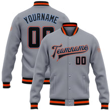 Load image into Gallery viewer, Custom Gray Black Powder Blue-Orange Bomber Full-Snap Varsity Letterman Jacket