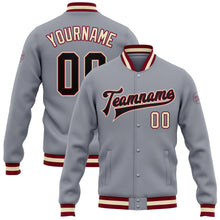 Load image into Gallery viewer, Custom Gray Black Maroon-Cream Bomber Full-Snap Varsity Letterman Jacket