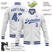 Load image into Gallery viewer, Custom White White-Royal Bomber Full-Snap Varsity Letterman Jacket