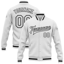 Load image into Gallery viewer, Custom White White-Black Bomber Full-Snap Varsity Letterman Jacket