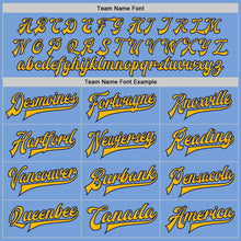 Load image into Gallery viewer, Custom Light Blue Gold-Navy Bomber Full-Snap Varsity Letterman Jacket