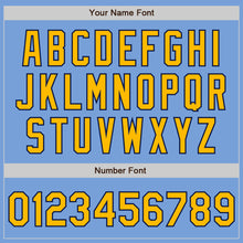 Load image into Gallery viewer, Custom Light Blue Gold-Navy Bomber Full-Snap Varsity Letterman Jacket