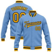 Load image into Gallery viewer, Custom Light Blue Gold-Black Bomber Full-Snap Varsity Letterman Jacket