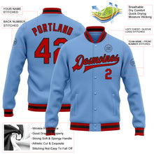 Load image into Gallery viewer, Custom Light Blue Red-Black Bomber Full-Snap Varsity Letterman Jacket