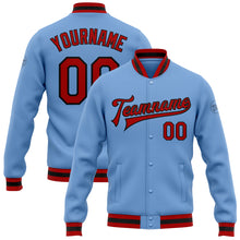 Load image into Gallery viewer, Custom Light Blue Red-Black Bomber Full-Snap Varsity Letterman Jacket