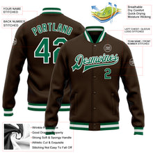 Load image into Gallery viewer, Custom Brown Kelly Green-White Bomber Full-Snap Varsity Letterman Jacket