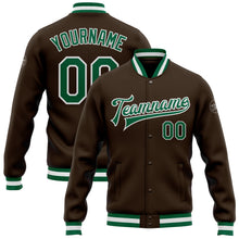 Load image into Gallery viewer, Custom Brown Kelly Green-White Bomber Full-Snap Varsity Letterman Jacket