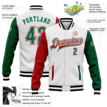 Load image into Gallery viewer, Custom White Kelly Green-Red Bomber Full-Snap Varsity Letterman Two Tone Jacket