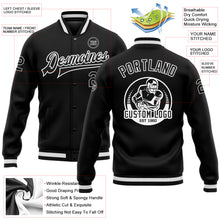 Load image into Gallery viewer, Custom Black Black-White Bomber Full-Snap Varsity Letterman Jacket