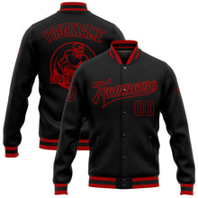 Load image into Gallery viewer, Custom Black Black-Red Bomber Full-Snap Varsity Letterman Jacket