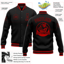 Load image into Gallery viewer, Custom Black Black-Red Bomber Full-Snap Varsity Letterman Jacket