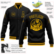 Load image into Gallery viewer, Custom Black Black-Gold Bomber Full-Snap Varsity Letterman Jacket