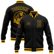 Load image into Gallery viewer, Custom Black Black-Gold Bomber Full-Snap Varsity Letterman Jacket