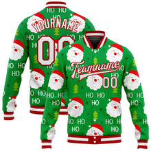 Load image into Gallery viewer, Custom Kelly Green White-Red Christmas 3D Bomber Full-Snap Varsity Letterman Jacket