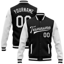 Load image into Gallery viewer, Custom Black White Bomber Full-Snap Varsity Letterman Two Tone Jacket