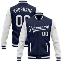 Load image into Gallery viewer, Custom Navy White Bomber Full-Snap Varsity Letterman Two Tone Jacket