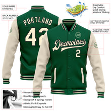 Load image into Gallery viewer, Custom Kelly Green Cream-Black Bomber Full-Snap Varsity Letterman Two Tone Jacket