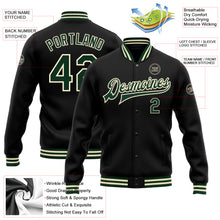 Load image into Gallery viewer, Custom Black Green-Cream Bomber Full-Snap Varsity Letterman Jacket