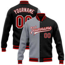 Load image into Gallery viewer, Custom Black Red-Gray Bomber Full-Snap Varsity Letterman Split Fashion Jacket
