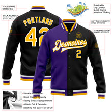 Load image into Gallery viewer, Custom Black Gold-Purple Bomber Full-Snap Varsity Letterman Split Fashion Jacket