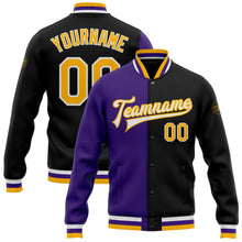 Load image into Gallery viewer, Custom Black Gold-Purple Bomber Full-Snap Varsity Letterman Split Fashion Jacket