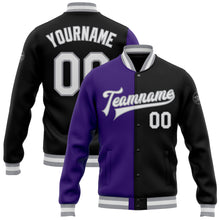 Load image into Gallery viewer, Custom Black White Purple-Gray Bomber Full-Snap Varsity Letterman Split Fashion Jacket