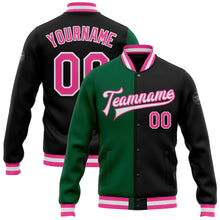 Load image into Gallery viewer, Custom Black Pink-Kelly Green Bomber Full-Snap Varsity Letterman Split Fashion Jacket