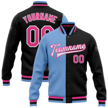 Load image into Gallery viewer, Custom Black Pink-Light Blue Bomber Full-Snap Varsity Letterman Split Fashion Jacket