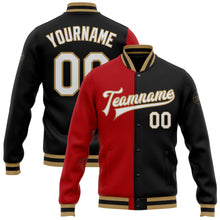 Load image into Gallery viewer, Custom Black White Red-Old Gold Bomber Full-Snap Varsity Letterman Split Fashion Jacket