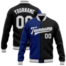 Load image into Gallery viewer, Custom Black White Royal-Gray Bomber Full-Snap Varsity Letterman Split Fashion Jacket