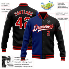 Load image into Gallery viewer, Custom Black Red-Royal Bomber Full-Snap Varsity Letterman Split Fashion Jacket